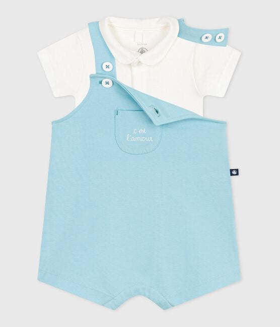 Petit Bateau Katoenen Geboortesetje Met Salopette En Body - Blauw/C’est l’amour
