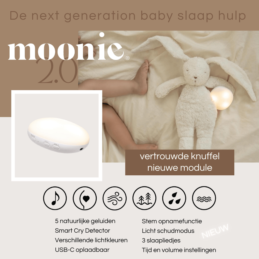 Moonie Konijn The Humming Bunny Organic 2.0 - Grey Natur | Witte Ruis Knuffel Met Lichtje