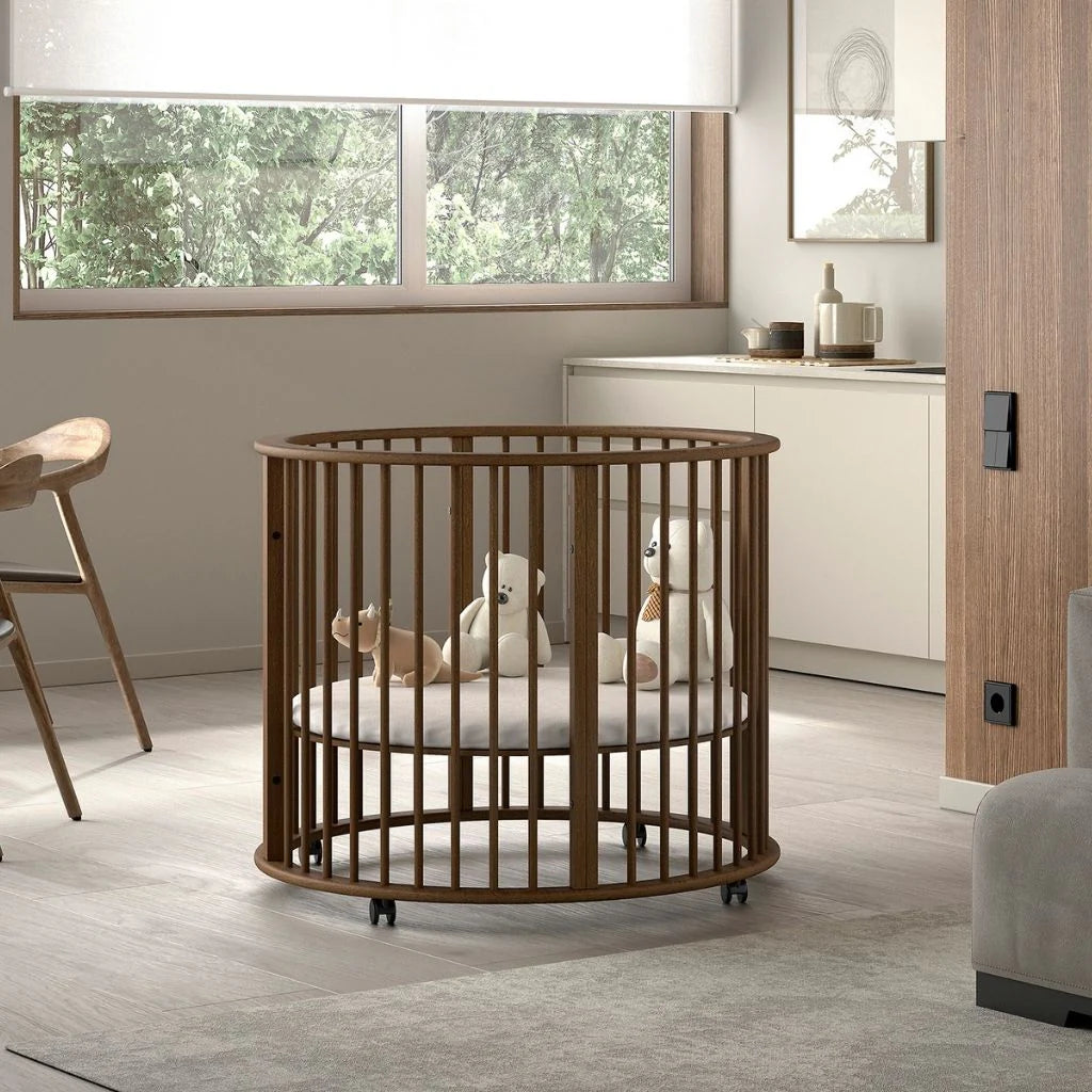 Jaxx Dino ronde babybox Ø 90 cm op wielen - Walnoot