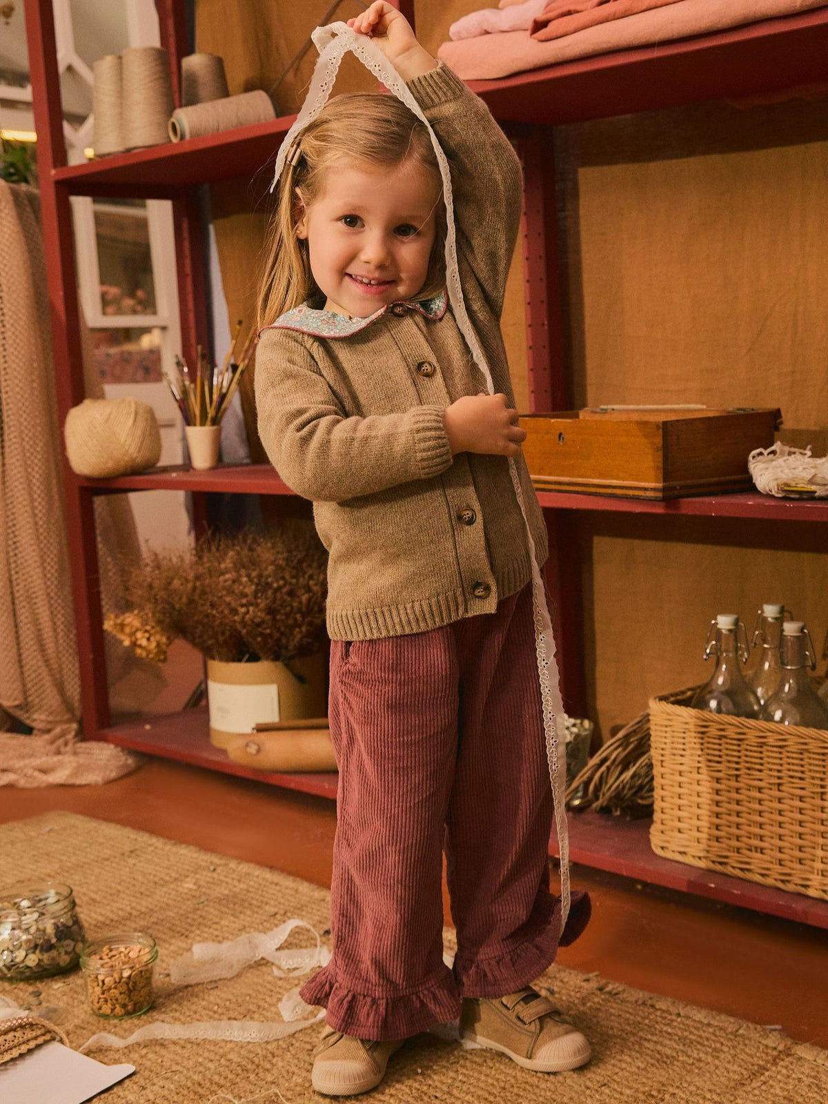 Laranjinha Ribfluwelen Broek Met Ruches - Bordeaux
