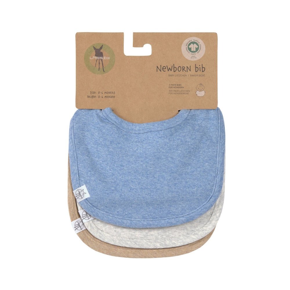 Lässig Set Van 3 GOTS Newborn Slabbetjes - Blue/Light Grey/Nature Melange