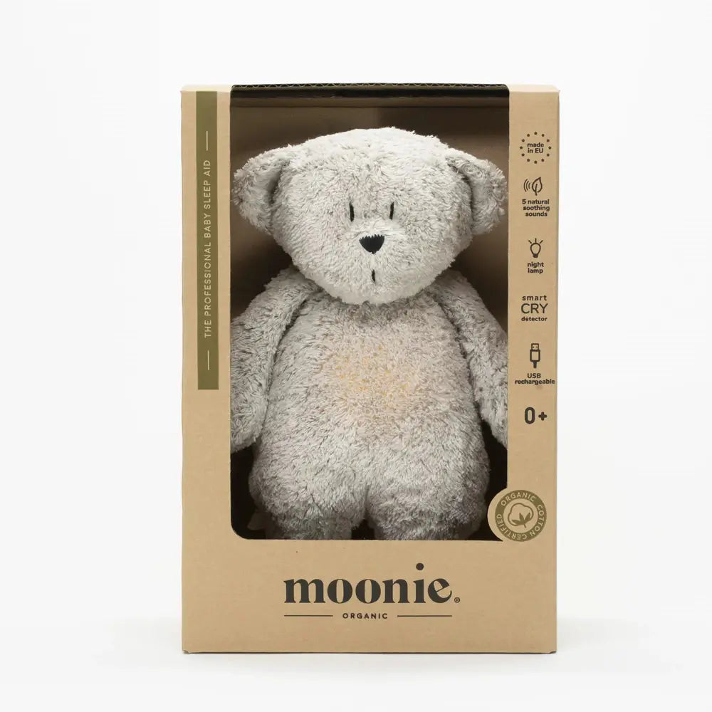 Moonie Knuffel - The Humming Bear Organic 2.0 - Grey Natur  | Witte Ruis Knuffel Met Lichtje