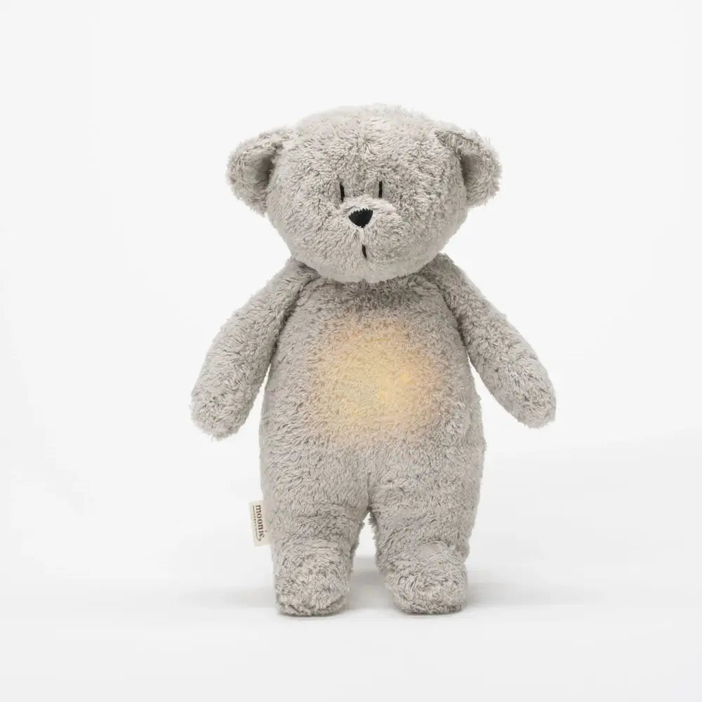 Moonie Knuffel - The Humming Bear Organic 2.0 - Grey Natur  | Witte Ruis Knuffel Met Lichtje