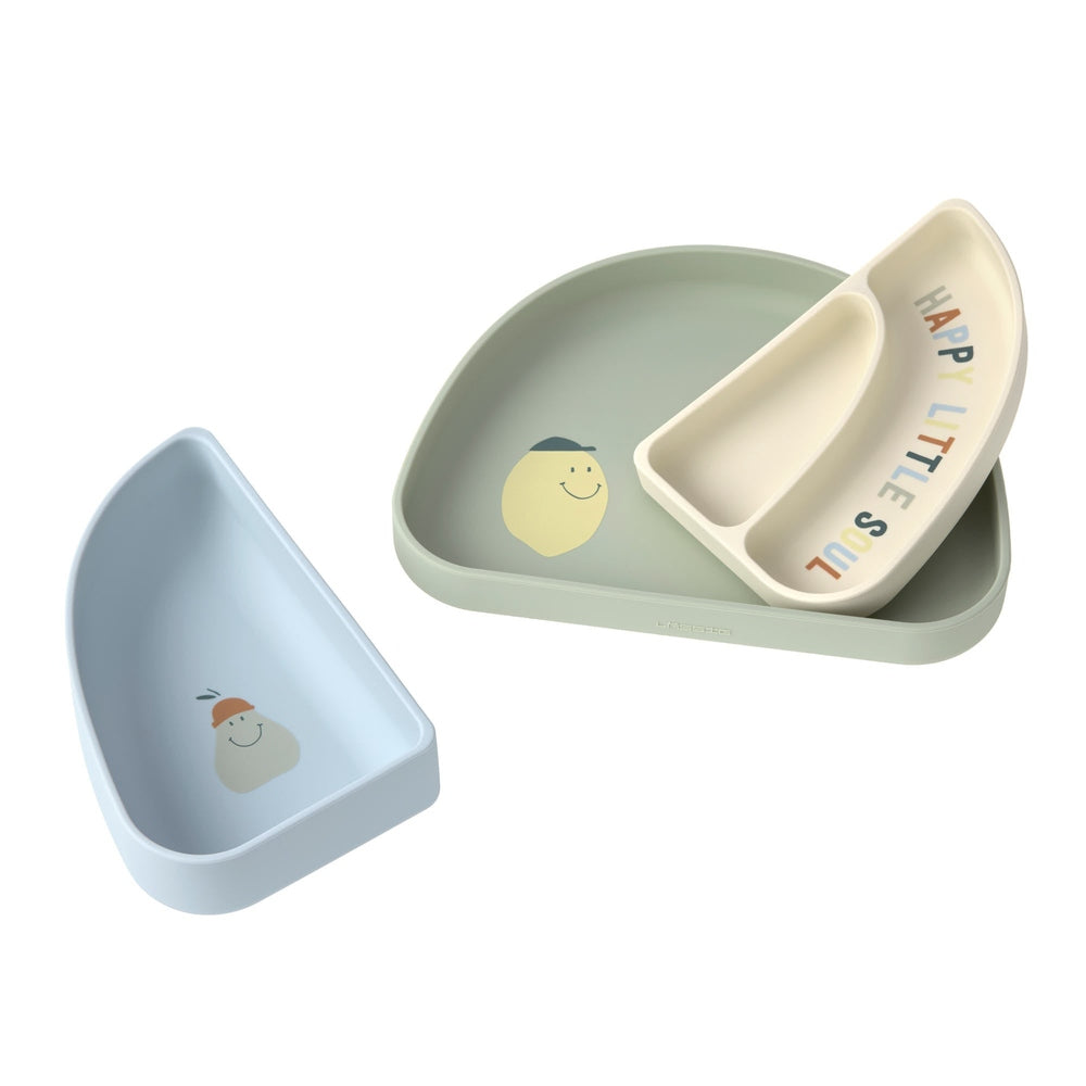 LÄSSIG Silicone Section Dish Set – Regenboogvormige kinderserviesset (Happy Fruits Lemon)