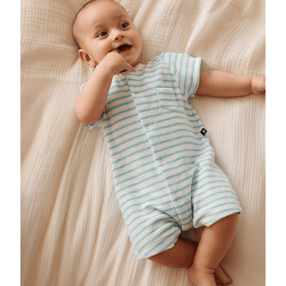 Petit Bateau Kort Gestreept Babypakje Van Katoenen Badstof - Marshmallow/Aquatic