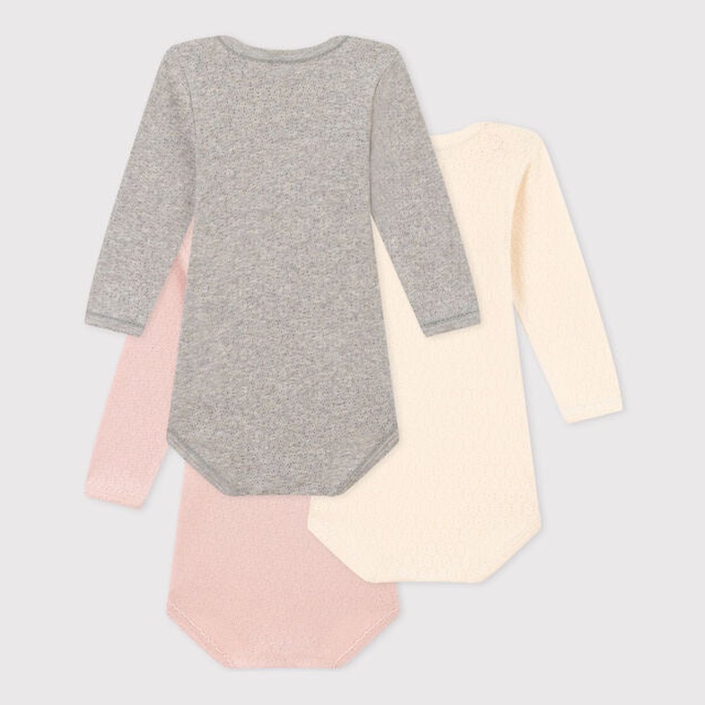 Lot de 3 bodys en coton à manches longues - Rose/Gris/Blanc