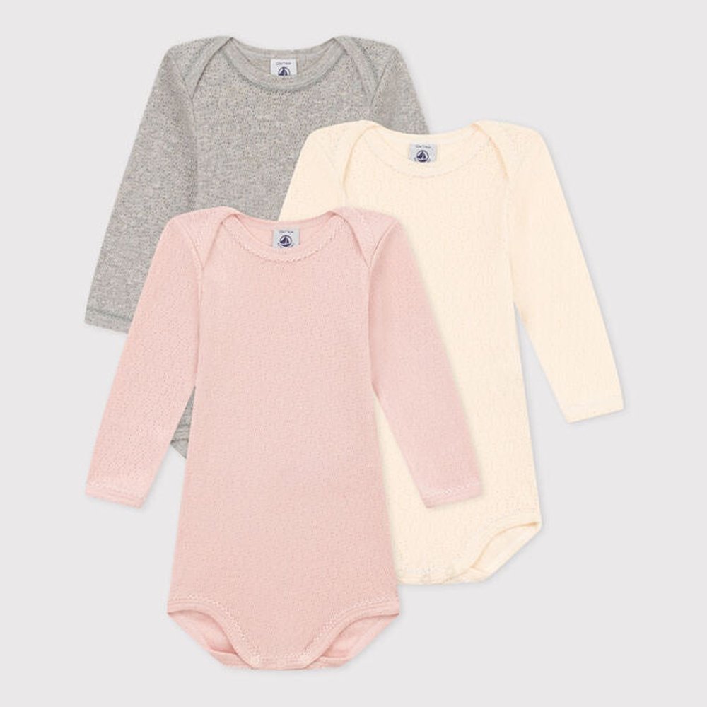 Lot de 3 bodys en coton à manches longues - Rose/Gris/Blanc